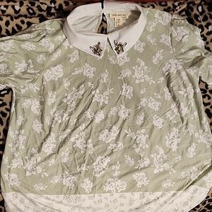 Faith and Joy Sage Floral Blouse with Embellished Collar